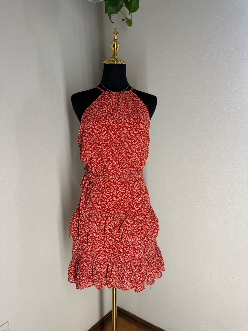 She + Sky Red Floral Halter Mini Dress